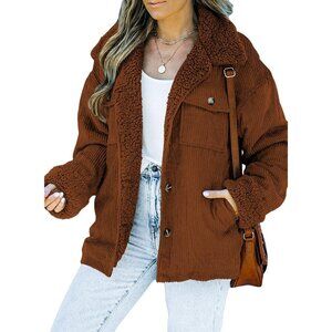 Women's A1 Brown Jacket Vests Coat Fleece Fur Collar Button Down Winter Warm